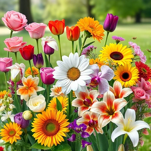 A vibrant collage of various flower types including roses, tulips, daisies, sunflowers, orchids, and lilies, arranged naturally in a garden setting with soft morning light, dew on petals, lush green leaves, and blurred background of trees and grass, emphasizing diversity and natural beauty of flowers