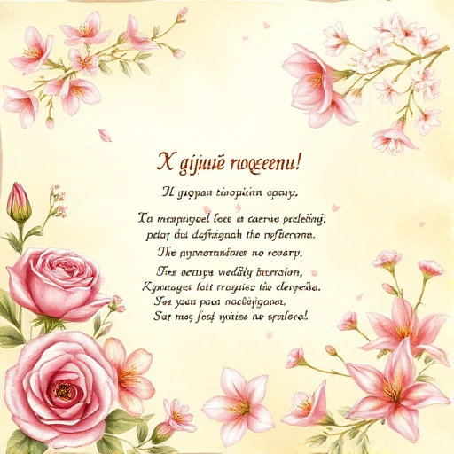 A warm, elegant illustration of a handwritten poem on creamy parchment paper, surrounded by delicate watercolor flowers — roses, lilies, and cherry blossoms — softly glowing with golden light, evoking heartfelt congratulations for any occasion: birthdays, weddings, graduations, or anniversaries. The text is in graceful Cyrillic calligraphy, reading 'С днём рождения!' as an example, but the focus is on the artistic composition, not legible words. No stamps, envelopes, or modern objects. Pure arti