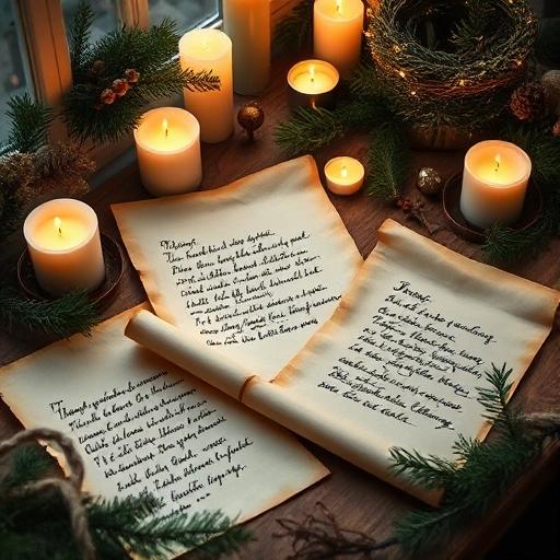 A festive scene with original handwritten poems on parchment scrolls, surrounded by holiday decorations like candles, pine branches, and soft glowing lights, evoking warmth and personal meaning, in a cozy indoor setting with gentle shadows and natural textures