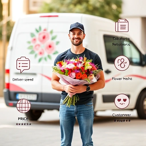 A person holding a bouquet of flowers, standing in front of a delivery van with a floral logo, surrounded by icons representing delivery speed, price, flower freshness, and customer reviews, all arranged in a clean, minimalist layout with soft natural lighting