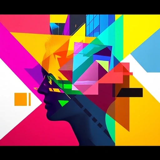 A vibrant, colorful abstract composition with bold geometric shapes and high contrast lighting, symbolizing the influence of design and brightness on perception, no text or letters visible