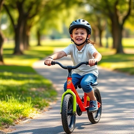 A cheerful child riding a colorful children's bicycle on a sunny park path, wearing a helmet and smiling, with trees and grass in the background, soft natural lighting, realistic style, no text or logos visible