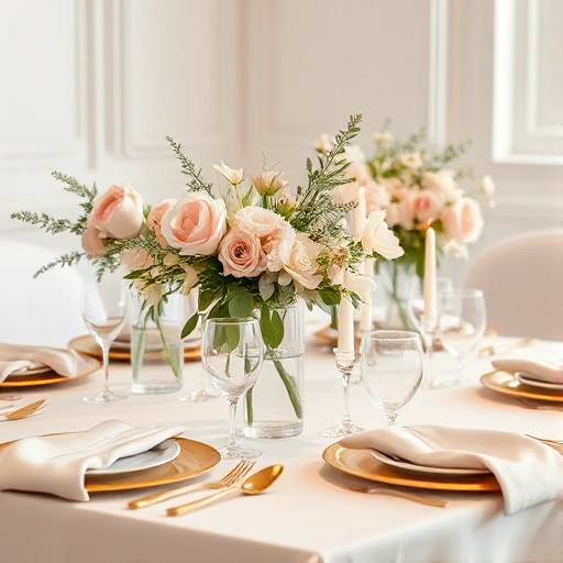 A modern wedding table setting with elegant color combinations such as soft blush pink, sage green, and ivory, featuring minimalist floral arrangements in clear glass vases, gold-rimmed dinnerware, linen napkins in muted tones, and subtle candlelight, creating a sophisticated and romantic atmosphere