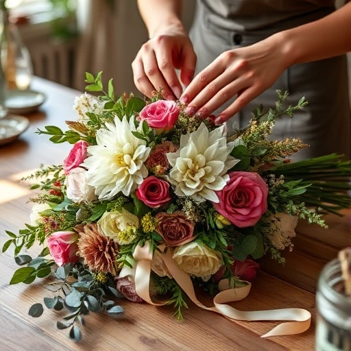 A close-up of a skilled florist's hands carefully arranging a custom bouquet with diverse flowers, ribbons, and greenery on a wooden table, soft natural lighting, warm tones, intimate and personal atmosphere, no text or labels visible