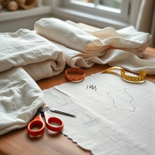 A close-up of fabric preparation for sewing covers: rolled cotton and linen materials on a wooden table, scissors, measuring tape, pins, and a pattern laid out, soft natural light from a window, neutral tones, detailed textures, no text or labels