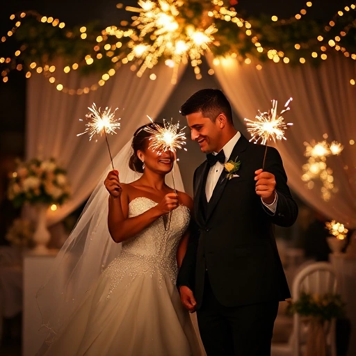 A romantic wedding scene at night with a bride and groom holding sparklers, creating glowing trails of light in the air, surrounded by soft bokeh lights and elegant floral decorations, warm golden and silver sparkles, intimate atmosphere, high detail, cinematic lighting