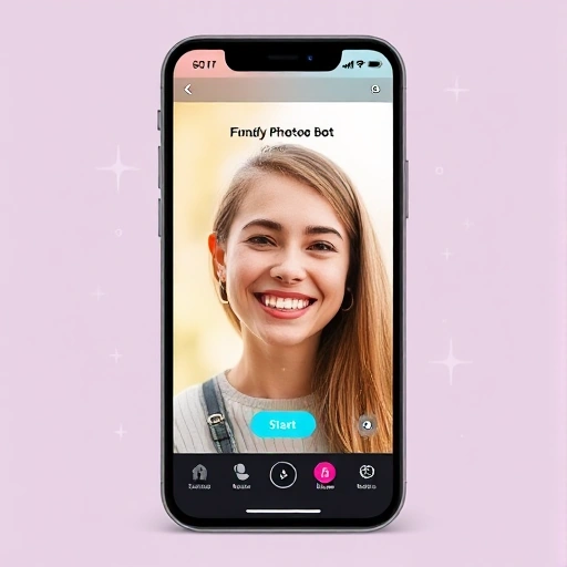 A modern smartphone screen displaying a friendly photo editing bot interface with vibrant filters, a 'Start' button, and a preview of a smiling person's portrait being enhanced with soft lighting and color correction, surrounded by subtle sparkles and minimal UI icons suggesting ease of use and speed, all in a clean, bright, high-quality aesthetic