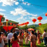 A vibrant outdoor celebration under a clear sky, featuring colorful decorations, joyful people dancing, traditional music instruments, lanterns and fireworks in the distance, lush green surroundings, festive atmosphere, high detail, cinematic lighting