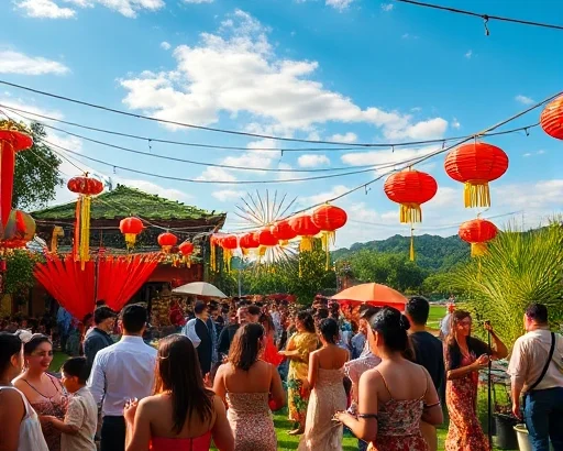 A vibrant outdoor celebration under a clear sky, featuring colorful decorations, joyful people dancing, traditional music instruments, lanterns and fireworks in the distance, lush green surroundings, festive atmosphere, high detail, cinematic lighting