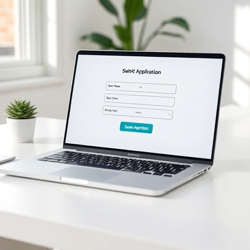 A modern laptop screen displaying a simple online form with fields for name, email, and phone number, a prominent 'Submit Application' button glowing softly, set on a clean white desk with a small potted plant and natural daylight coming from a nearby window, minimalistic and professional aesthetic