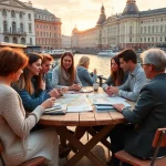 A vibrant and cozy scene of an event organization in St. Petersburg, featuring a small group of diverse people gathered around a wooden table with maps, notebooks, and coffee cups, planning an outdoor cultural event near the Neva River with historic architecture in the background, soft golden hour lighting, warm colors, detailed textures, realistic yet slightly stylized, no text or signs visible