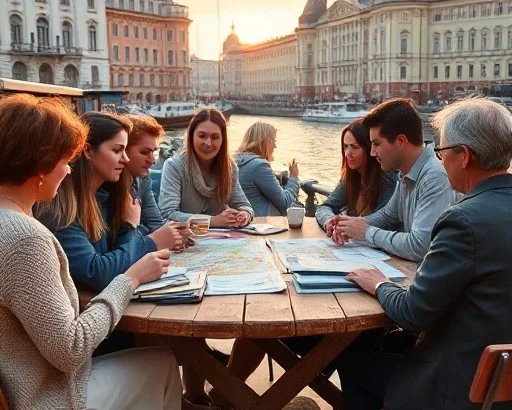 A vibrant and cozy scene of an event organization in St. Petersburg, featuring a small group of diverse people gathered around a wooden table with maps, notebooks, and coffee cups, planning an outdoor cultural event near the Neva River with historic architecture in the background, soft golden hour lighting, warm colors, detailed textures, realistic yet slightly stylized, no text or signs visible