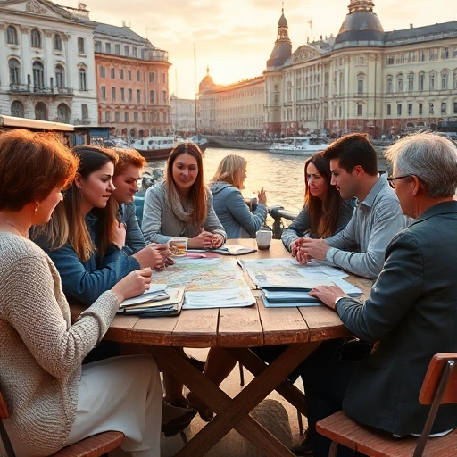 A vibrant and cozy scene of an event organization in St. Petersburg, featuring a small group of diverse people gathered around a wooden table with maps, notebooks, and coffee cups, planning an outdoor cultural event near the Neva River with historic architecture in the background, soft golden hour lighting, warm colors, detailed textures, realistic yet slightly stylized, no text or signs visible