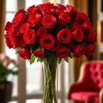A luxurious bouquet of 101 red roses arranged in a tall, elegant glass vase, soft natural lighting highlighting the velvety petals, delicate dewdrops on some blooms, shallow depth of field with a blurred luxurious interior background, high detail, photorealistic, smallHQ style