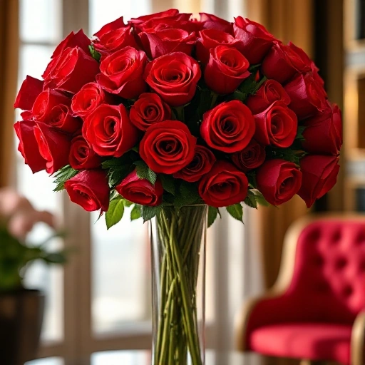 A luxurious bouquet of 101 red roses arranged in a tall, elegant glass vase, soft natural lighting highlighting the velvety petals, delicate dewdrops on some blooms, shallow depth of field with a blurred luxurious interior background, high detail, photorealistic, smallHQ style