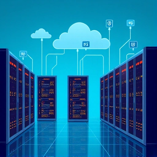 A modern, sleek illustration of a futuristic data center with glowing server racks, digital clouds, and abstract network lines connecting to icons representing websites (like small HTML tags or browser windows), set against a clean gradient background of deep blue and cyan, conveying reliability and high performance for web hosting in 2026, minimalist tech aesthetic, no text or labels